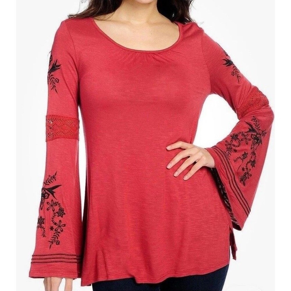 OSO Casuals Bell Sleeve Crocheted & Embroidered Scoop Neck Top Sz 2X Boho Y2K
